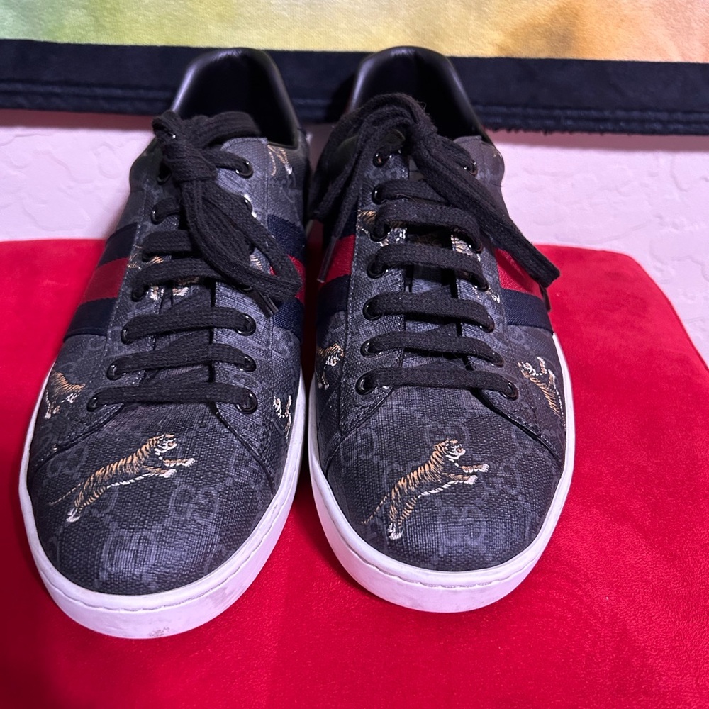 Gucci Black and Red Tiger Print Sneakers